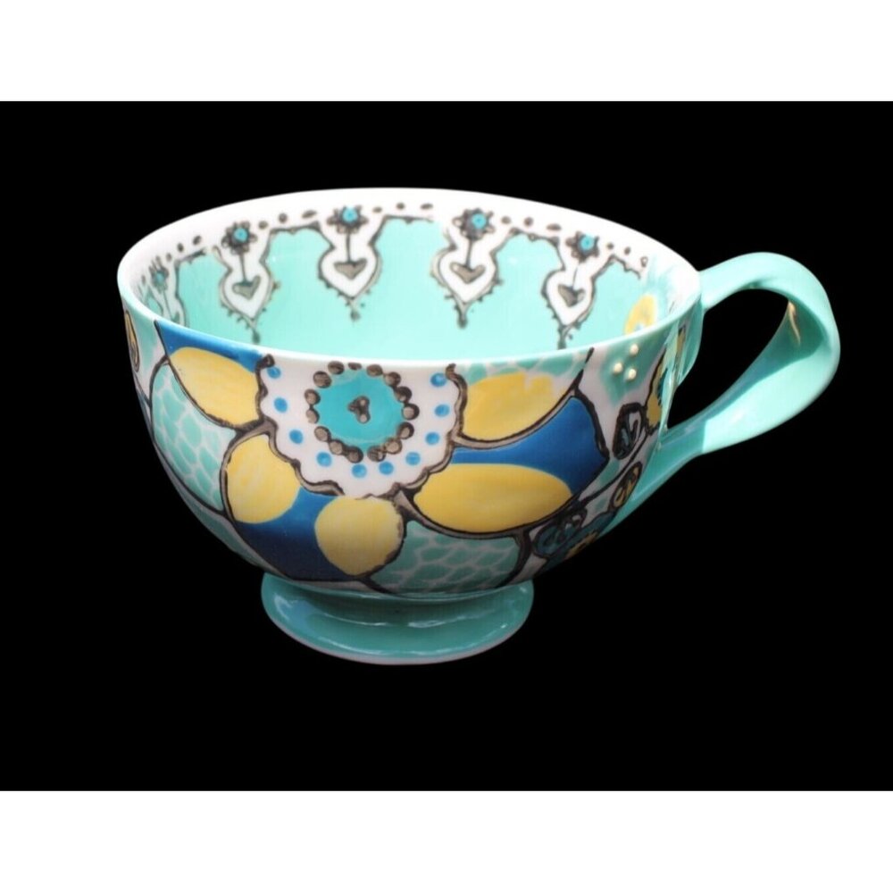 Anthropologie Elka Mint Green Yellow Blue Ceramic Mug/Footed Cup 3-1/8”